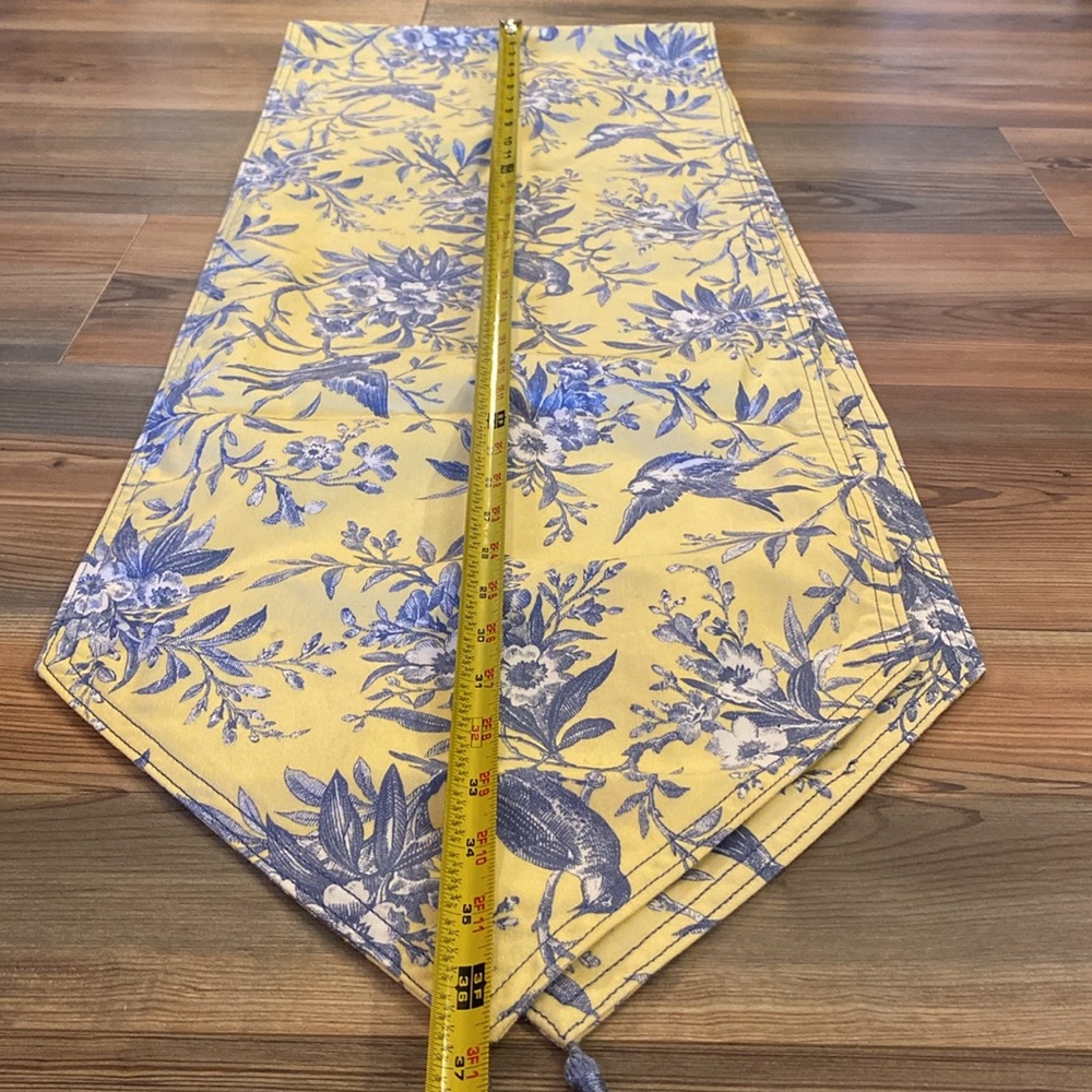 French Country Yellow and Blue Toile Table Runner with Tassels 6’ long Vintage - Picture 10 of 12